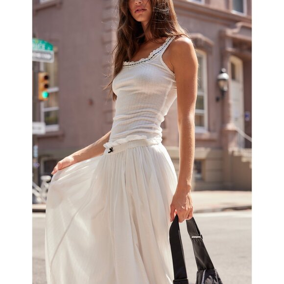 Free People Cream Ribbed Lace-Trim Tank Top - Picture 8 of 9